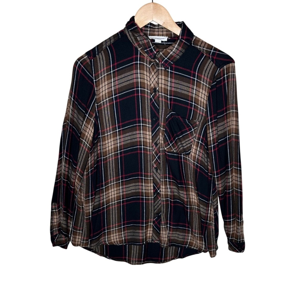 Beach Lunch Lounge Plaid Long Sleeve Button Up size Large Brown/Black/White